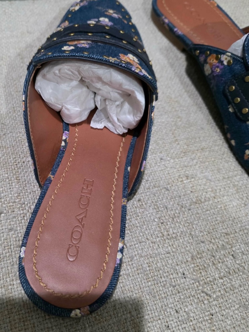 Coach Denim Floral Studded Slip-On Mules in Navy and Tan - Picture 9 of 11